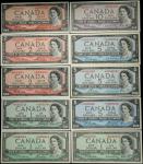 CANADA. Lot of (10). Bank of Canada. 1, 2, 5 & 10 Dollars, 1954. P-Various. Replacements. About Unci