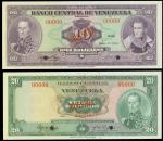 1972年委内瑞拉中央银行10及20玻利瓦样钞2枚一组，均打孔注销，UNC品相