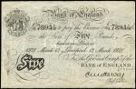 Bank of England, E.M. Harvey, ｣5, Liverpool, 12 March 1921, serial number U/82 78935, black and whit