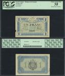 French Guiana, Banque de la Guyane, 1 franc, 1917, emergency issue, serial number 38360, blue on gre
