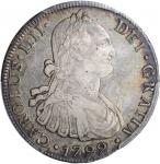 1799-So DA年智利壹圆银币。圣地亚哥造币厂。查理四世。CHILE. 8 Reales, 1799-So DA. Santiago Mint. Charles IV. PCGS EF-45 Go