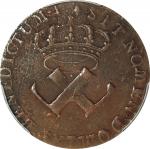 1722-H French Colonies Sou, or 9 Deniers. La Rochelle Mint. Martin 3.7-D.6, W-11840. Rarity-6. AU De