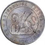 ITALY. Venice. 5 Lire, 1848-V. Provisional Government. PCGS MS-64 Gold Shield.