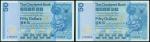 The Chartered Bank, consecutive pair of $50, 1.1.1982, serial numbers C768903-904, blue, mythical li