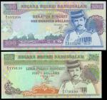 Government of Brunei, lot of $50 and $100, 1990, black serial numbers, green and purple respectively