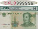 China PR.; 1999, Solid number 9s, 1RMB, P.#895b, sn. E4L9 999999, UNC.(1) PMG 66 EPQ Gem UNC.