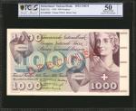 1954年瑞士国家银行1000弗兰肯。样票。SWITZERLAND. National Bank of Switzerland. 1000 Franken, 1954. P-52s. Specimen