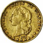COLOMBIA. 1869 10 Pesos. Medellín mint. Restrepo M333.9. EF-40 (PCGS).