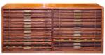A large 20th century coin cabinet, 36x78x32.5cms, comprising 60 trays arranged in two rows with cent