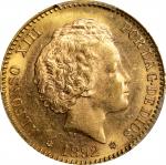 SPAIN. 20 Pesetas, 1892-PG M. Madrid Mint. Alfonso XIII. PCGS MS-63.