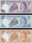 Cayman Islands Currency Board, $40, $50, $100, 1974, matching serial number A/1 000255, purple, blue