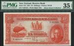 Reserve Bank of New Zealand, 10 shillings, 1 August 1934, serial number Y457321, red on green and re