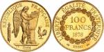 IIIe République (1870-1940). 100 francs or 1878, essai sur flan bruni, grand caractères au revers, d