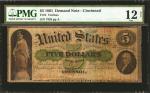 Fr. 4. 1861 $5 Demand Note. PMG Choice Fine 12 Net. Stained, Corner Tear.