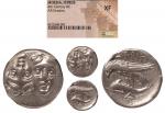 古希腊双子图银币一枚，NGC XF 极美，直径20毫米；公元前4世纪，Istros城邦发行，正面一正一倒两男孩头像，背面鹰站在海豚背上。铭文“伊斯特罗斯”。古希腊莫西亚地区伊斯特罗斯打制，莫西亚位于多