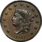 1831 Matron Head Cent. N-6. Rarity-1. Large Letters. AU-55 (PCGS).