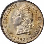 DOMINICAN REPUBLIC. 25 Centavos, 1952. London Mint. PCGS MS-66.