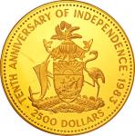 Bahamas. PCGS PR65DCAM. Proof. 2500Dollars. Gold. 10th Anniversary of Independence Gold Proof 2500 D