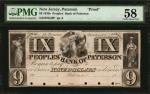 Paterson, New Jersey. Peoples Bank of Paterson. 1830s $9. PMG Choice About Uncirculated 58. Proof.