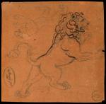 Double-Sided Preliminary Autograph Sketch of Rampant Lions for the Libertas Americana Medal. Graphit