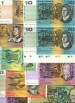 Reserve Bank of Australia, a group of notes comprising $20, ND (1968), prefix XCL, $1 (2), $2 (2), $