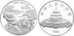 1996年12盎司熊猫银币，面值100元，直径80mm，成色99.9%，发行量800枚。此币是1988-1996年12盎司熊猫银币中发行量最少的品种，并且有两个版别，该版为著名的“四条腿”，即币上攀树