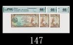 1984年大西洋银行拾圆纪念票，连号三枚EPQ66佳品1984 Banco Nacional Ultramarino Commemorative 10 Patacas, s/ns KP03366-68