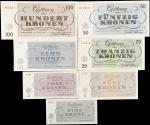 CZECHOSLOVAKIA. Lot of (7). Theresienstadt Ghetto. 1 to 100 Kronen, 1943. P-Unlisted. About Uncircul