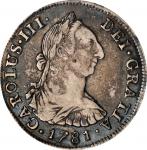 1781-PTS PR年玻利维亚地球双柱半圆银币。波托西铸币厂。BOLIVIA. 4 Reales, 1781-PTS PR. Potosi Mint. Charles III. PCGS VF-35
