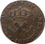 1722/1-H French Colonies Sou, or 9 Deniers. La Rochelle Mint. Martin 2.26-C.8, W-11835. Rarity-5. EF