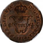 MEXICO. 1/4 Tlaco (1/8 Real), 1814-Mo. Mexico City Mint. Ferdinand VII. NGC MS-63 Brown.