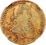 COLOMBIA. 8 Escudos, 1793-NRJJ. Charles IV (1788-1808). NGC EF Details--Chopmarked.