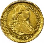 COLOMBIA. 1792-JF Escudo. Popayán mint. Carlos IV (1788-1808). Restrepo 85.2. AU-58 (PCGS).