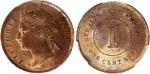 1897年英属海峡殖民地1仙，PCGS MS62，罕见好品相。Straits Settlements, copper 1 cent, 1897, Victoria on obverse,PCGS MS