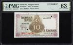 NORWAY. Norges Bank. 10 Kroner, 1942. P-20s1. Specimen. PMG Choice Uncirculated 63.