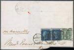 1869年9月24日伦敦寄汉口彩虹夫人封套半个, 贴英国1858-72年蓝女皇票2d.一对及1s.一枚, 销伦敦105邮戳, 该封套经马赛及香港, 并于封套上留下香港去上海的1869年11月6-9日轮