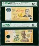 2007年新加坡及汶莱纪念钞$20，不同字冠SGD及BND，相同编号003096，分别评PMG 65及66EPQ，同一封套。Singapore/ Brunei, a pair of Commemora