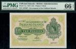 Government of the Falkland Islands, ｣10, 5 June 1975, serial number A07067, green and orange, Elizab