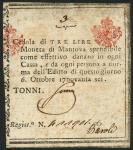Ducato di Mantova, 3 lire, 6 October 1796, serial number 411901, black print, red seal at top left a