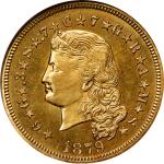 1879 Four-Dollar Gold Stella. Flowing Hair. Judd-1635, Pollock-1833, JD-1. Rarity-3. Gold. Reeded Ed