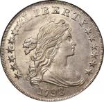 1798 Draped Bust Silver Dollar. Heraldic Eagle. BB-122, B-14. Rarity-3. Pointed 9, Wide Date. AU-58 