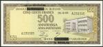 Banque de la Republique du Burundi, 500 francs, 5 December 1964, serial number A239395, brown on yel