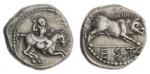 Pamphylia, Aspendos, AR Drachm, c. 420-360 BC, warrior on horseback right, brandishing spear within 