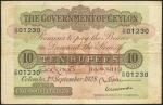 Government of Ceylon, 10 rupees, 1 September 1928, blue serial number C/55 01230, brown and white wi