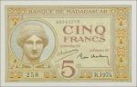MADAGASCAR. Banque de Madagascar. 5 Francs, ND (1937). P-35(2). Uncirculated.