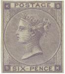 Postage Stamps. Great Britain : 1862 Emblems 6d (Sixpence), lilac, lettered ‘BK’, 4 margins, Cat £30
