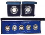 世界钱币7套，包括1978年库克群岛精铸银币25元5枚一套，纪念伊莉莎白女王就位25周年，以及1981年英国精铸币1克朗2枚一组，查理斯王子及戴安娜王妃结婚纪念币，均为精铸银币，附原盒包装及证书