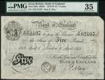 Bank of England, F. May, £5, London 6 April 1889, A73 62197, black and white, ornate crowned vignett
