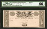 Pottsville, Pennsylvania. Miners Bank of Pottsville. 1830s Post Note. Proof. PMG Gem Uncirculated 66