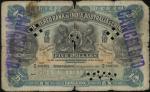 1911年印度新金山中国渣打银行5元，编号M/A 100702, 打孔及盖印注销，中间有裂，纸边有损，VG品相